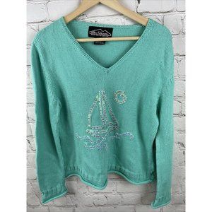 Rey Wear Hand Knit Sweater Sailboat Themed Woven Turquoise Medium